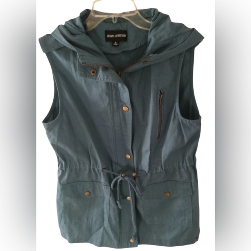 Zenana Outfitters Teal Cargo Barn Style Hooded Longer Detailed Vest ZIP Size S